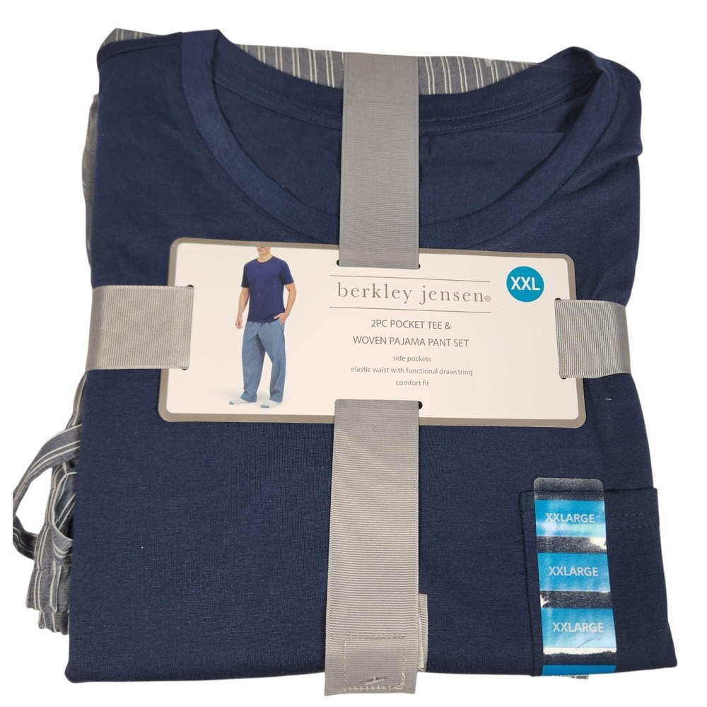 Berkley Jensen Men's 2XL 2-Piece Blue Pajama Set Crew  Neck Drawstring Pockets